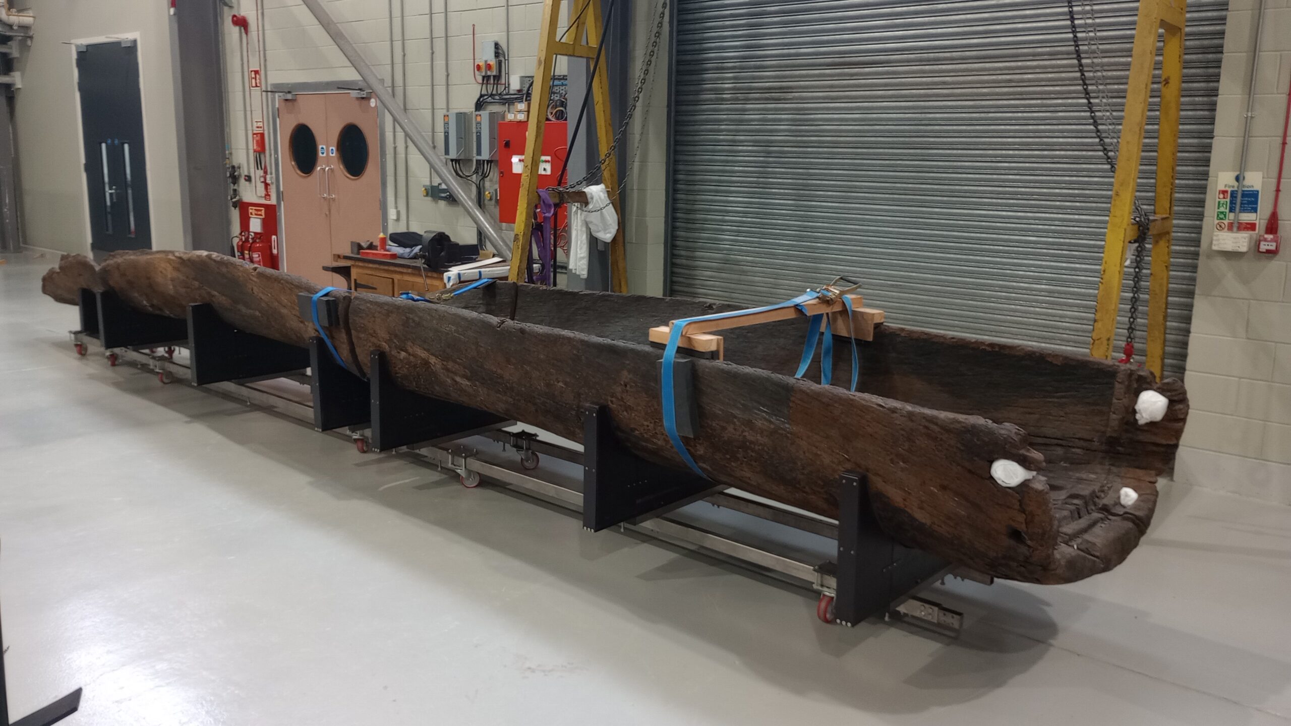 Carpow Logboat with new supports at the National Museums Collection Centre. 1,000 BC, oak. Perth Museum. Photo, National Museums Scotland