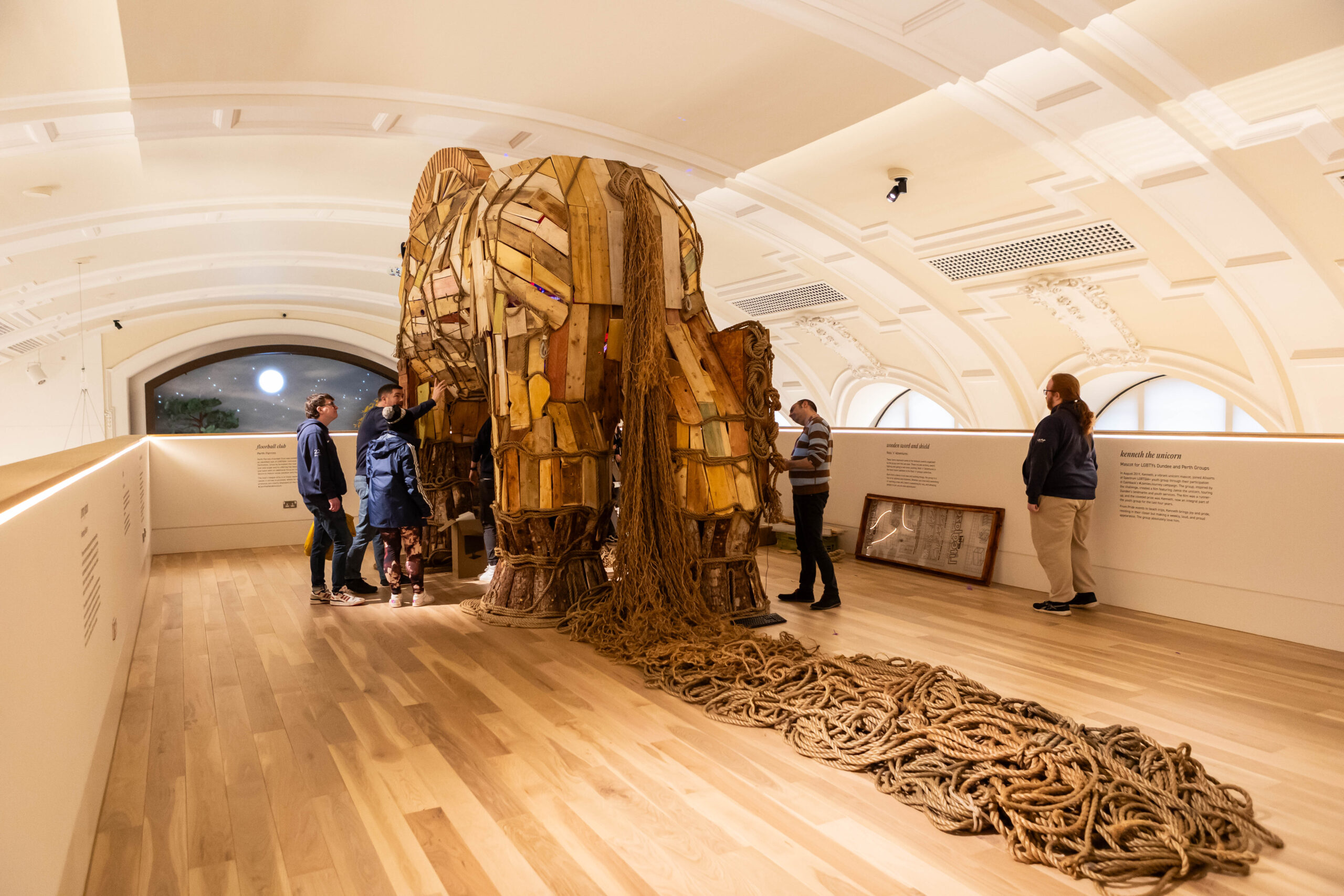 Destiny, the Trojan Horse in situ at Perth Museum in 2024. Destiny was created by Becky Minto (designer), Scott Bisset (build and design), and Kate Bonney (lighting designer).
