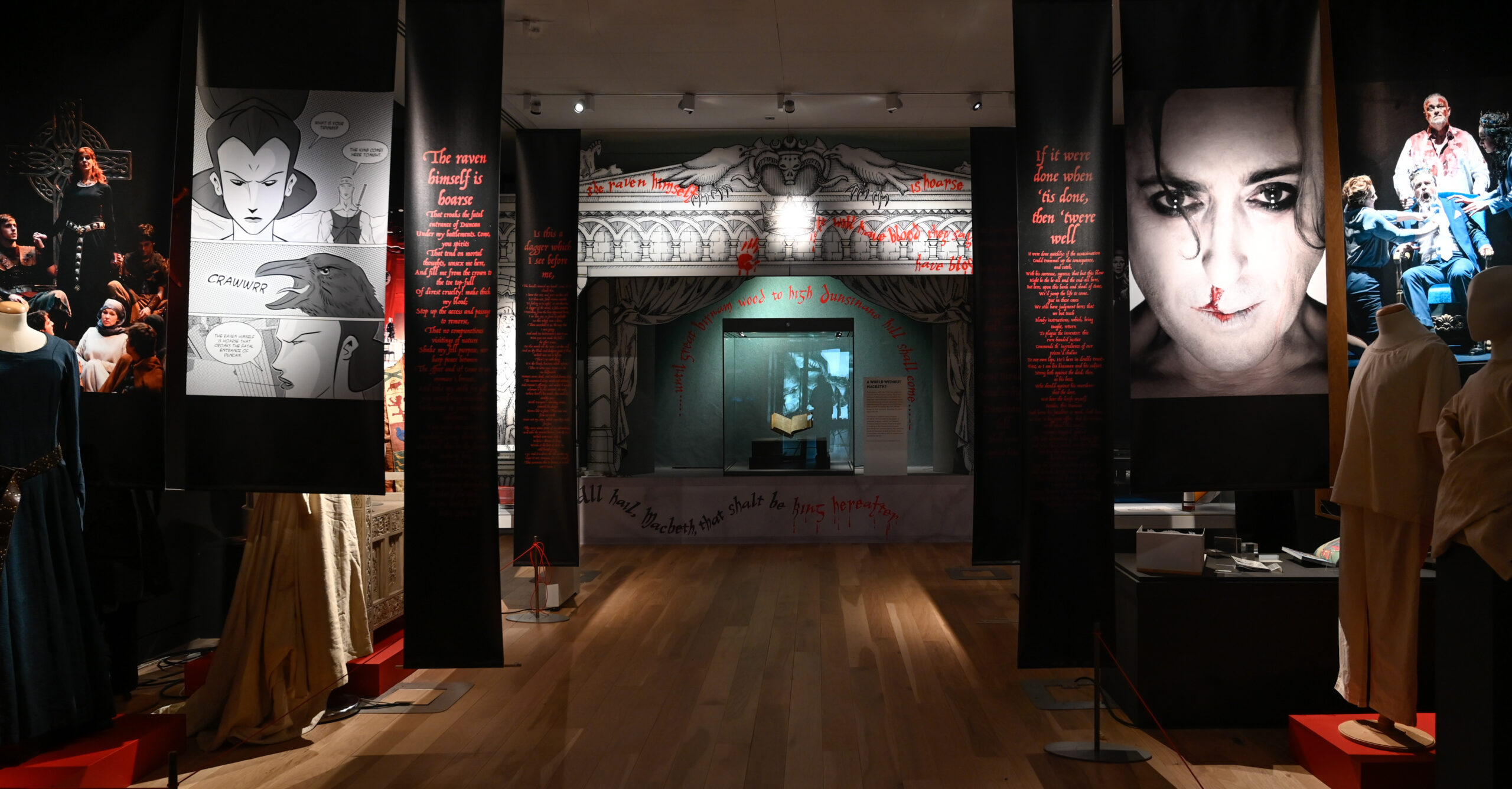 Completed design of Macbeth: An Exhibition featuring a solitary glass case holding a manuscript. Photo by Julie Howden.